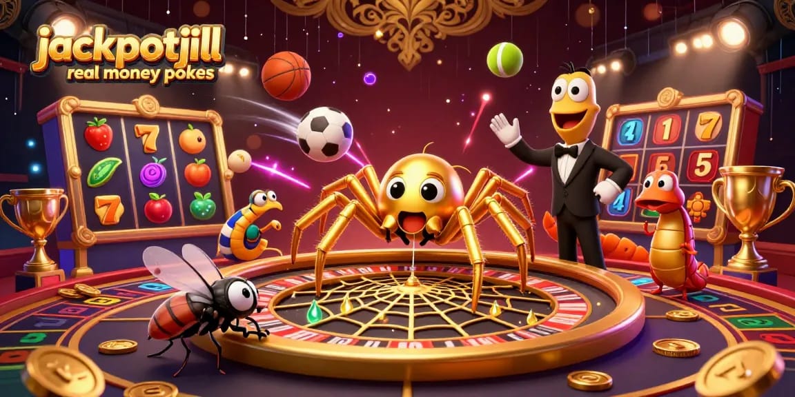 Experience thrilling jackpotjill real money pokies with an action-packed 3D illustration showcasing a golden spider, sports elements, and casino excitement.