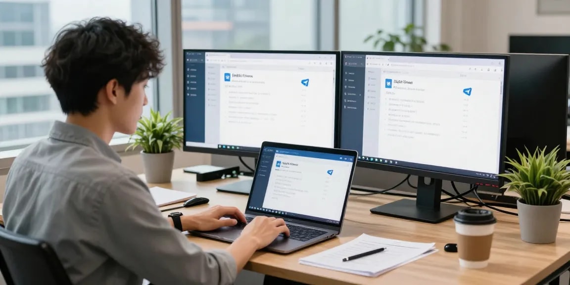 Configuring Telegram Chinese language settings in a modern tech workspace with dual monitors and a vibrant atmosphere.