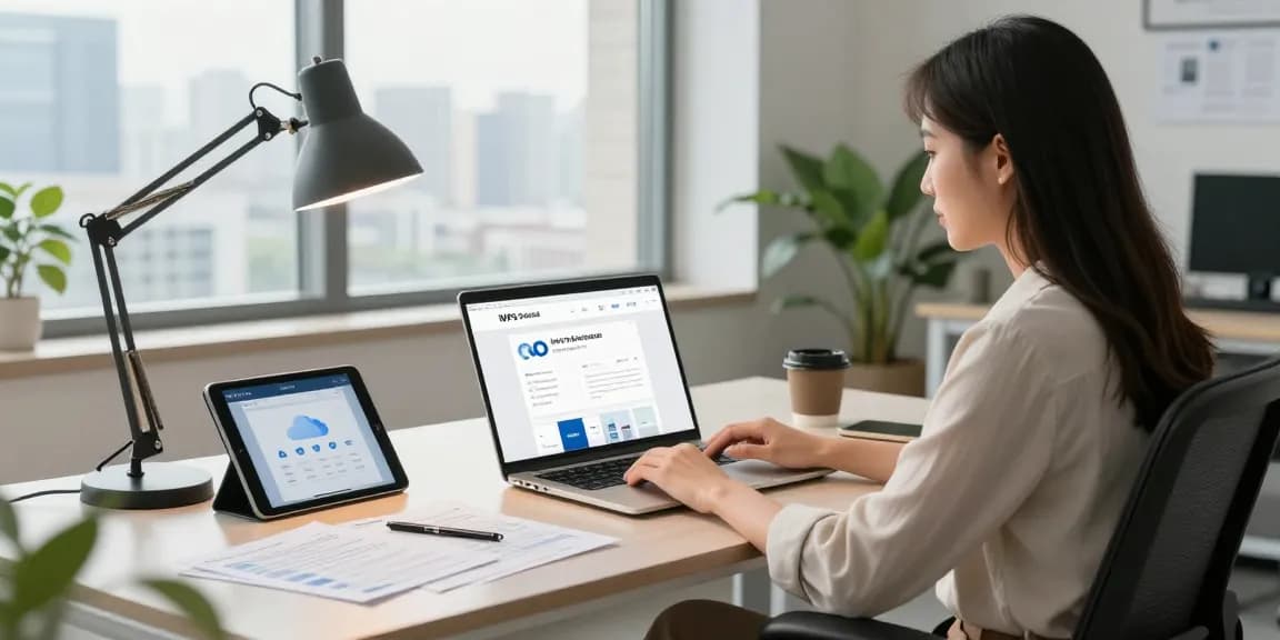 Professional woman working at a modern desk with WPS Official Website open, showcasing productivity in a bright office.