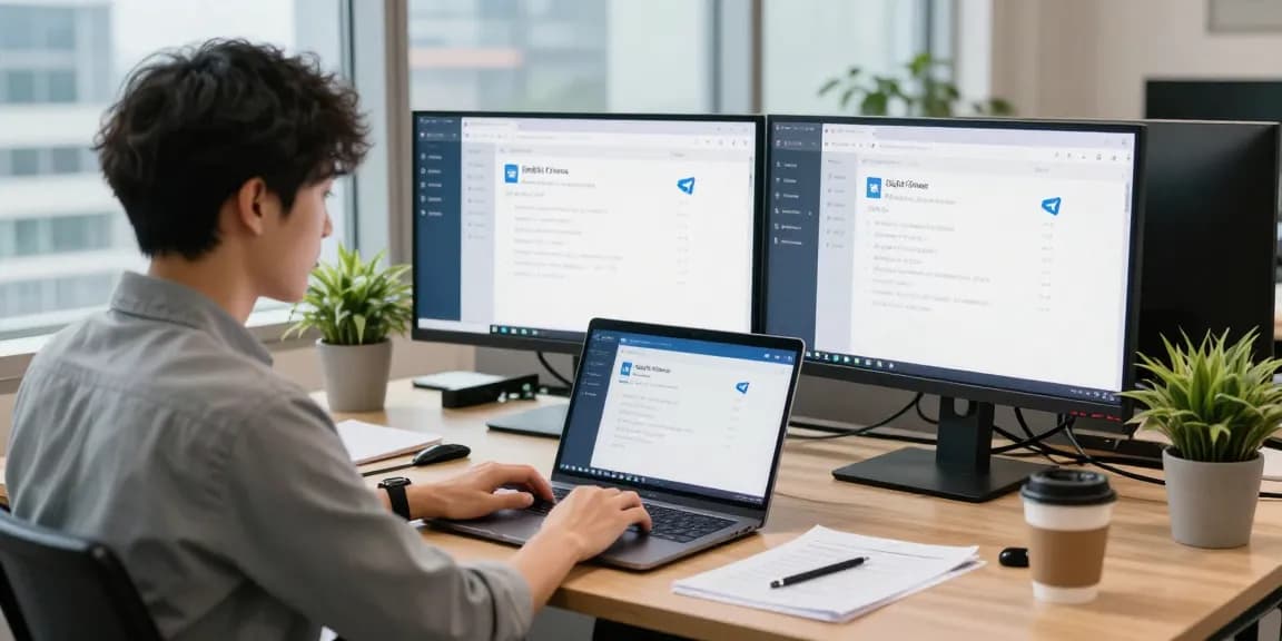 Configuring Telegram Chinese language settings in a modern tech workspace with dual monitors and a vibrant atmosphere.