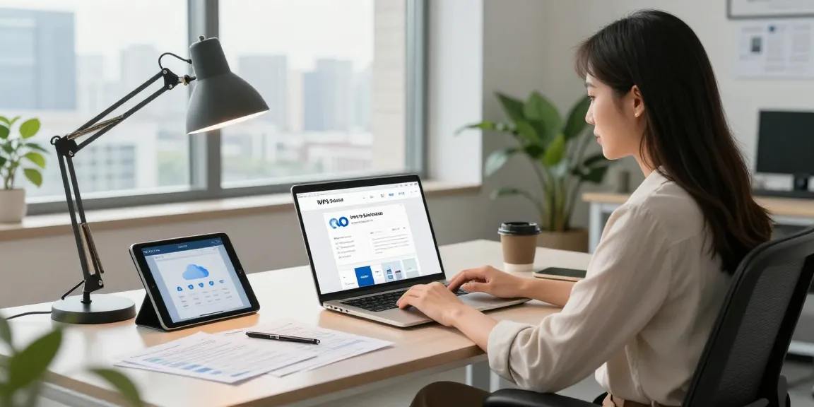 Professional woman working at a modern desk with WPS Official Website open, showcasing productivity in a bright office.