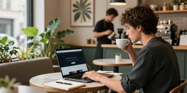 Engaged individual using a laptop at a café, showcasing rokok88 website.