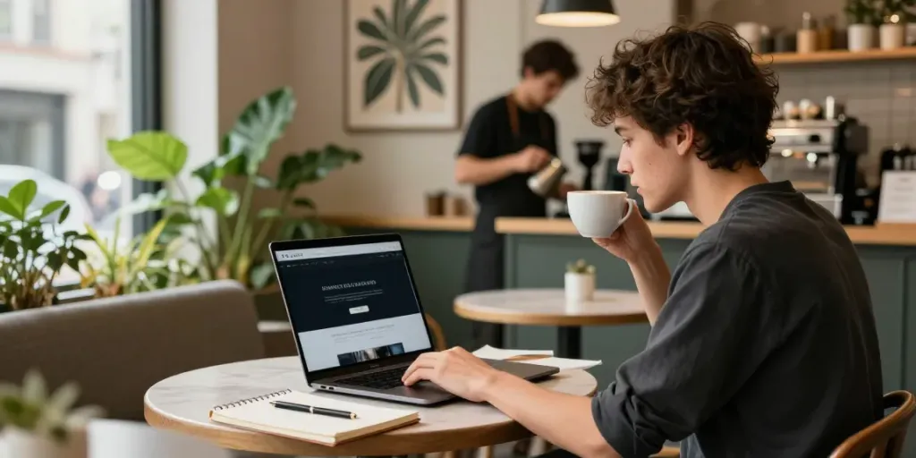 Engaged individual using a laptop at a café, showcasing rokok88 website.
