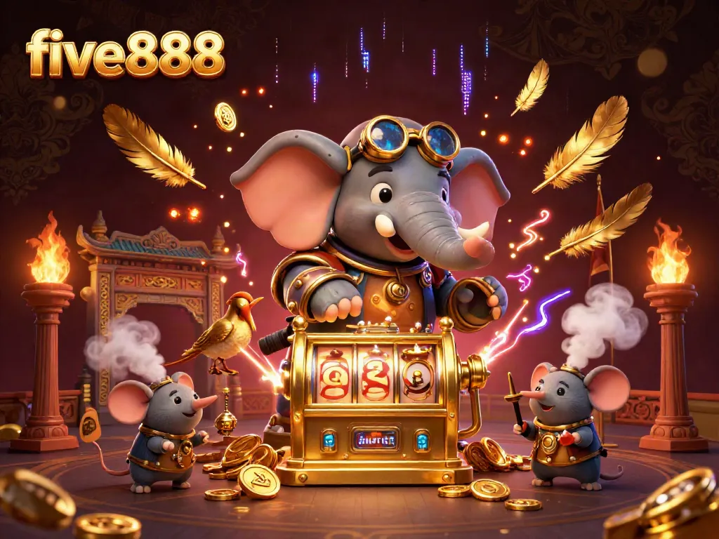 Engage in thrilling gameplay at five888 with a steampunk elephant operating a slot machine amidst golden tokens and vibrant effects.