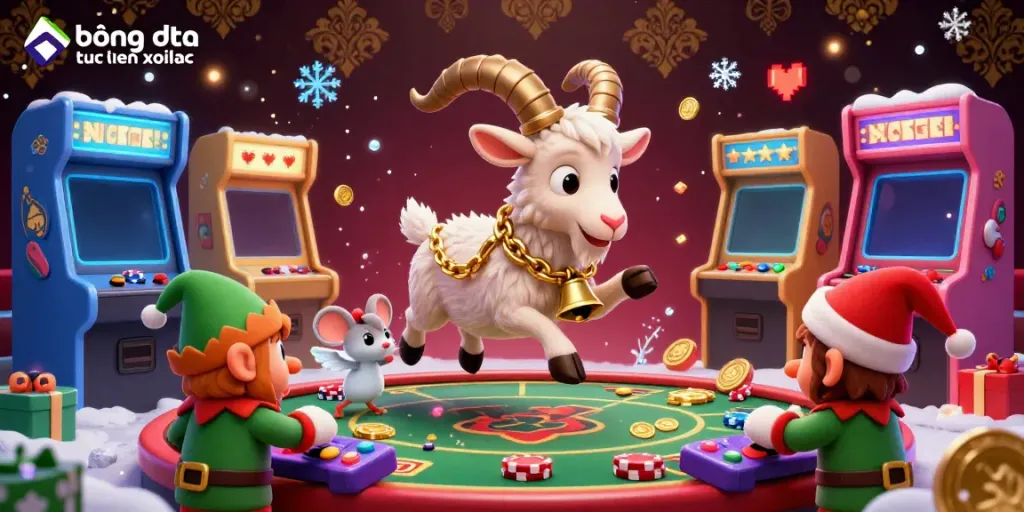 Engage in exciting gambling action at bóng đá trực tuyến xoilac tv featuring festive characters in a crowded casino scene.
