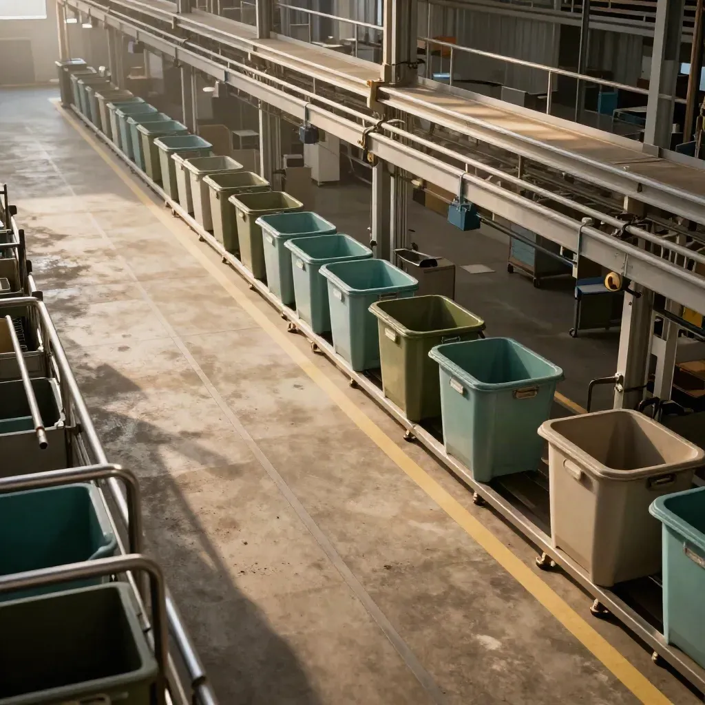 Industrikorridor med färgkodade lådor, kabeltråg och tydliga flödeslinjer i rörelse.