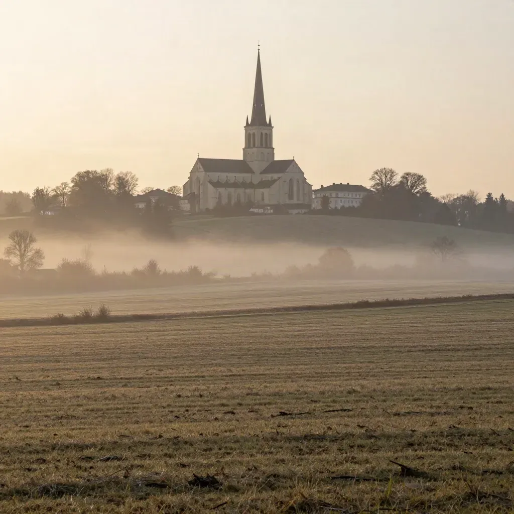 Uppsala domkyrka över dimmiga höstfält i Mälardalen