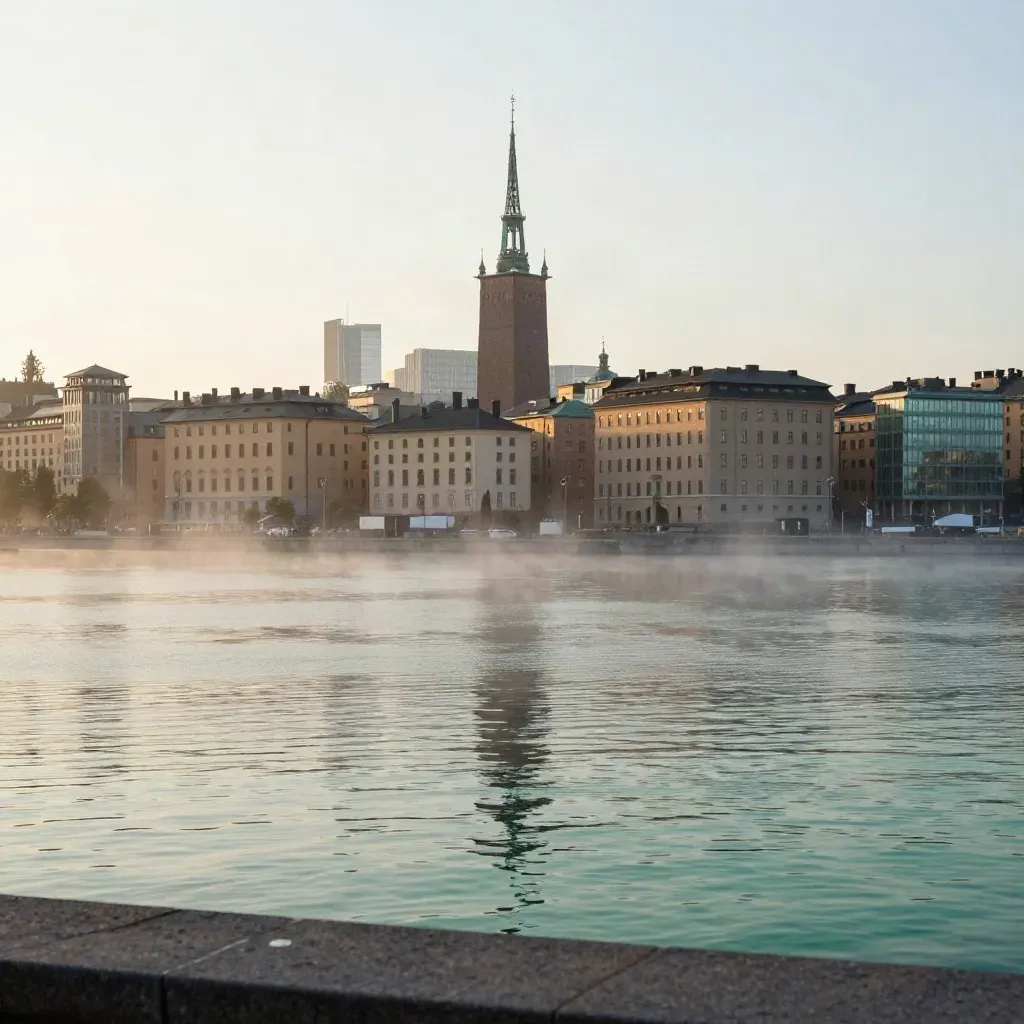 Stockholms skyline med Stadshuset och Riddarholmen över lugnt vatten i morgondimma.