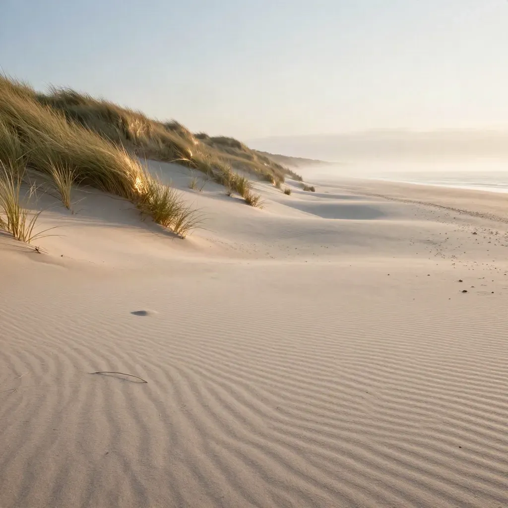 Sanddyner i Skåne med havsdimma och varmt ljus