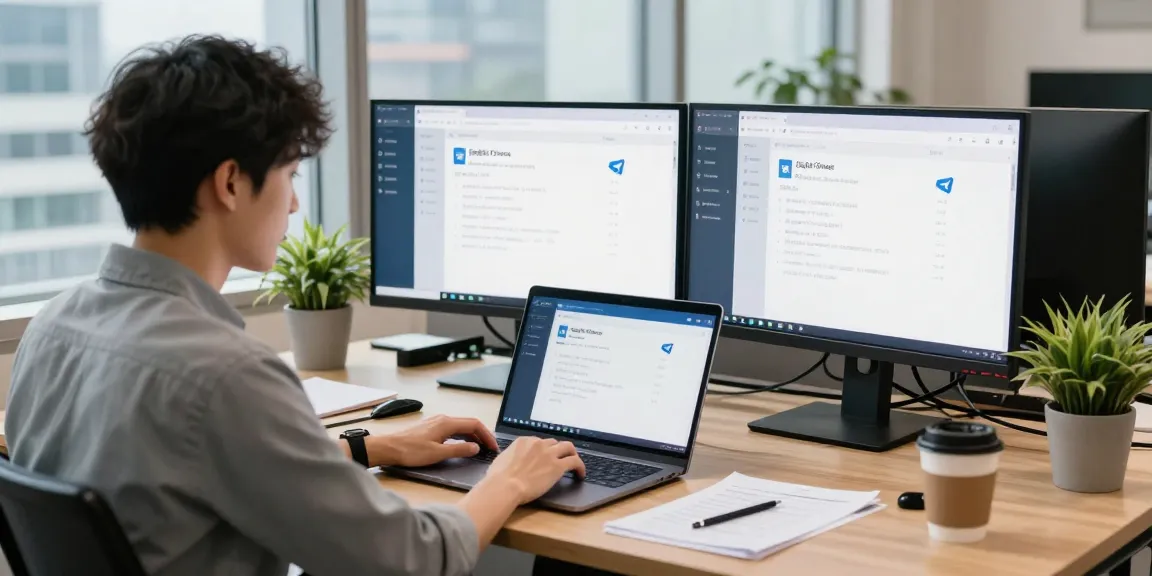 Configuring Telegram Chinese language settings in a modern tech workspace with dual monitors and a vibrant atmosphere.