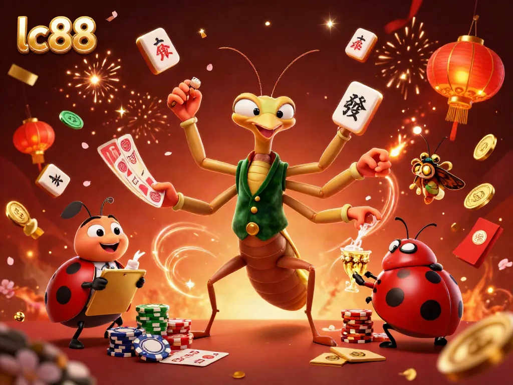 Engage in exciting gaming at lc88, featuring a giant praying mantis dealer and ladybug pit boss in a vibrant casino atmosphere.