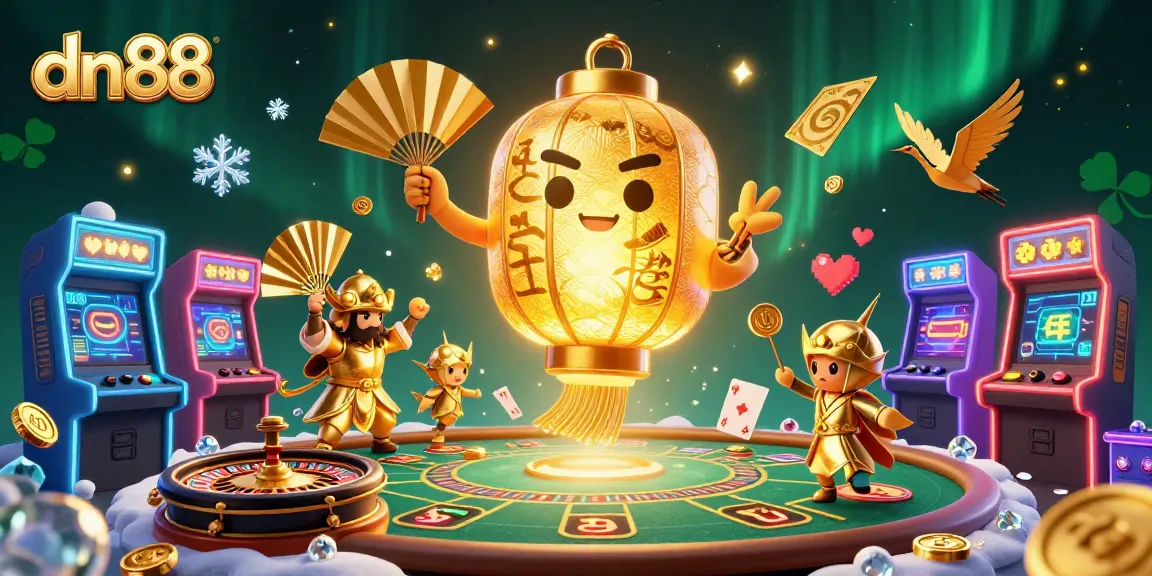 Play exciting casino games at dn88, featuring a vibrant scene with a golden lantern spirit and interactive elements.